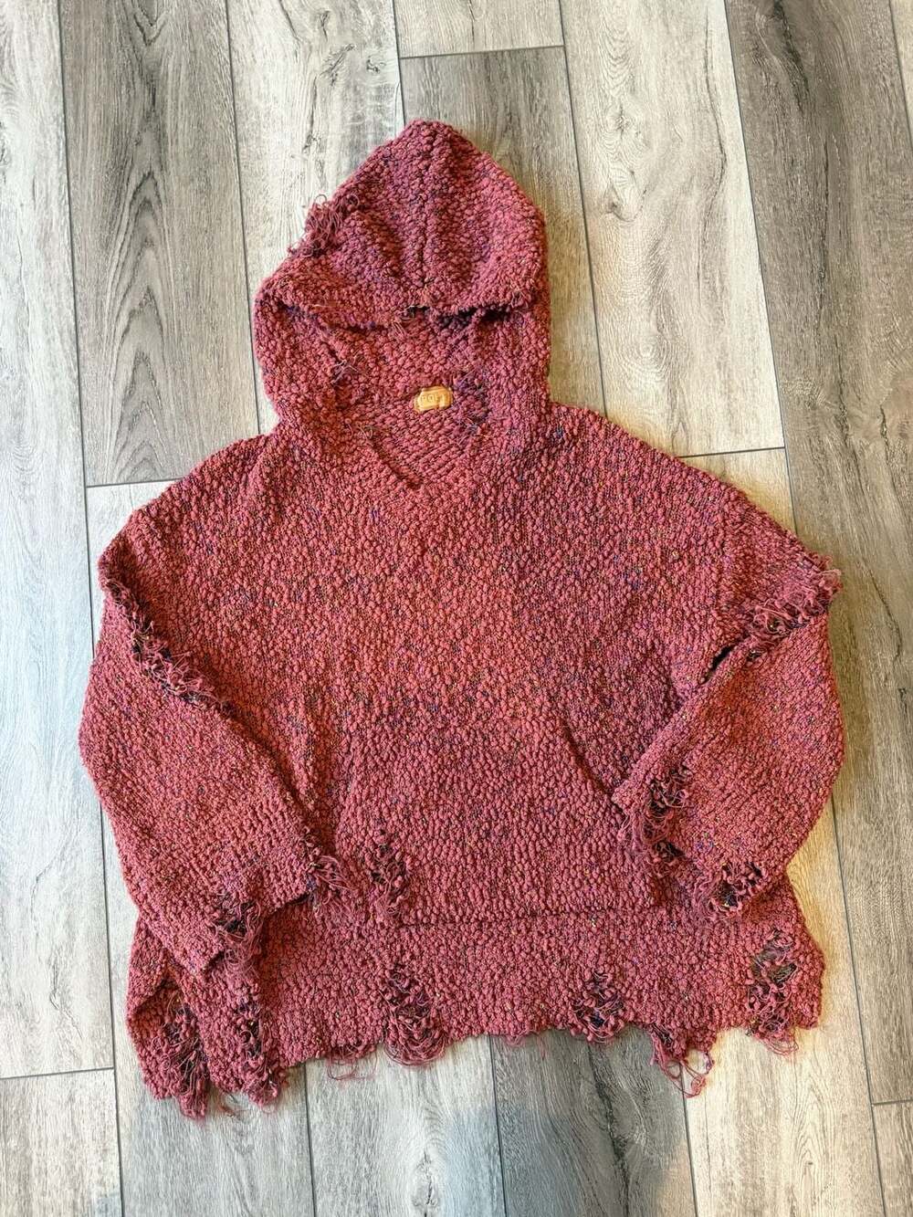 POL Cozy Textured Knit Hooded V-Neck Distressed Sweater